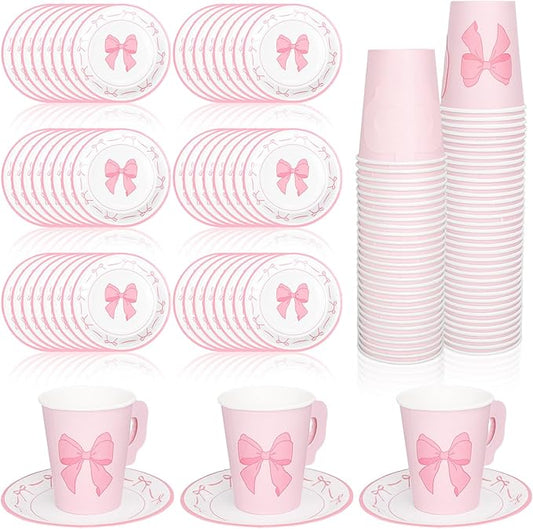 Whaline 80 Pcs Tea Party Supplies 9oz Pink Bow Paper Tea Cups and Saucers Coquette Bowknot Disposable Teacups with Handle and Dessert Plates for Wedding Birthday Baby Shower Bachelorette Tea Party