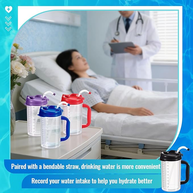 4 Pcs 32 oz Hospital Water Cup with Straw and Lid Insulated Double Walled Water Cup with Handle and Straw Elderly Bottle Plastic Drinking Carafe Insulated Mug (Red,Blue,Black,Purple)