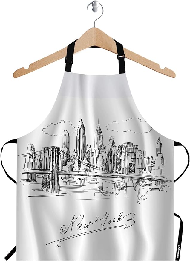 WONDERTIFY New York Apron,Hand Drawn New York City Architecture Metropolis Skyline Bib Apron with Adjustable Neck for Men Women,Suitable for Kitchen Cooking Waitress Chef Grill Bistro Baking Apron