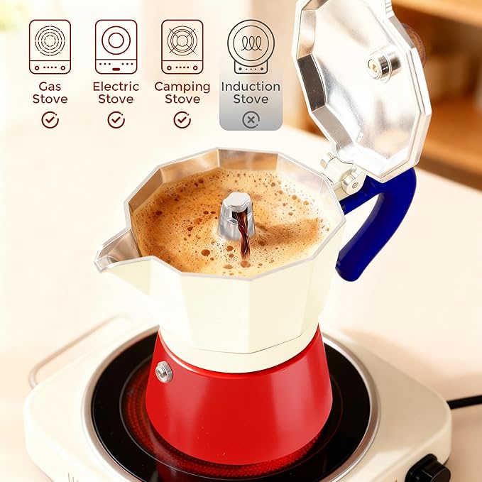 ShanSon Moka Pot Stovetop Espresso Maker 6 Cup 10 oz Italian Coffee Maker Manual Cuban Coffee Percolator Machine Italian Espresso Greca Coffee Maker for Cappuccino or Latte,Red/White
