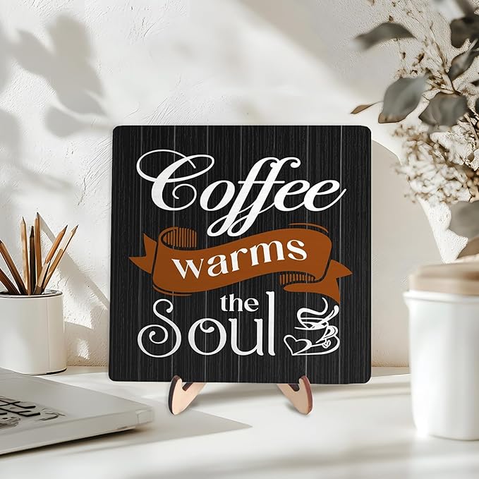 Coffee Bar Sign Plaque Decor,Coffee Bar Accessories,Rustic Wooden Tabletop Plaque with Stand, Minimalist Farmhouse Kitchen Counter Sign,Cute Mini Café Bar Decor Gift 5.9x5.9Inch