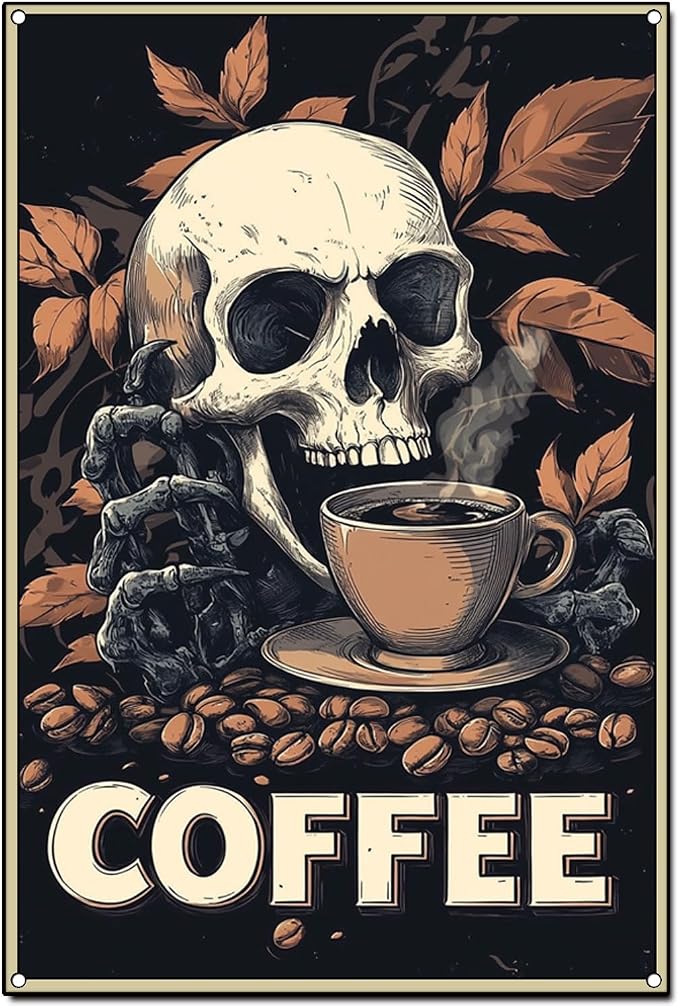 Funny Vintage Coffee Lovers Tin Sign Collection Wall Art – Retro Wall Decoration For Cafe Bar/Garage/Man Cave/Kitchen, 8x12 Inches (G - Gothic Style Skull Coffee, 12X8X0.08 IN) by Unknown