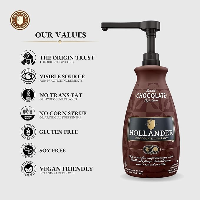 Dutched Chocolate Café Sauce™ by Hollander Chocolate Co. | Perfect for the Professional or Home Barista | Rainforest Alliance Certified | Net Wt. 89 oz (64 fl. Oz.) Large Bottle (PUMP Included)