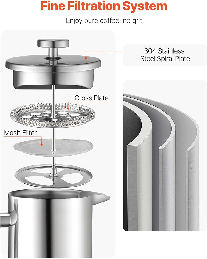 VEVOR French Press Coffee Maker, 34 Ounce 1 Liter Stainless Steel Coffee Press Tea Maker with Filter, Large Double Wall Insulated French Presses Cold Brew for Camping Travel Home Kitchen, Silver