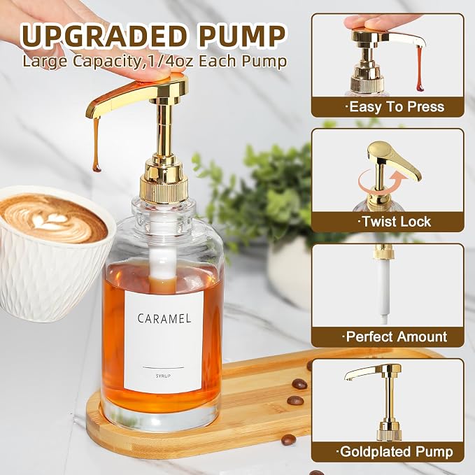 Coffee Syrup Dispenser, Glass Syrup Pump Dispenser for Coffee Bar Accessories, Maple Syrup Bottles with Tray, 16.9 fl oz Simple Syrup Bottles with 1/4oz Large Capacity Gold Pump - Image 3