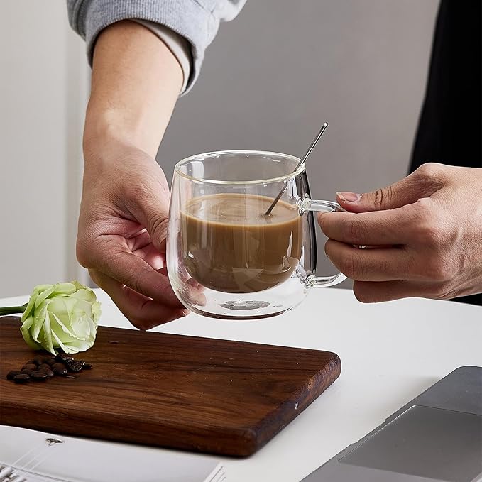 Double Wall Insulated Latte Glasses 10oz with Handle - Set of 1, Clear Glass Mugs for Cappuccino, Espresso, Tea & Hot Drinks