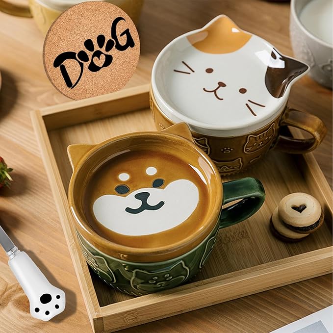 BigNoseDeer Cute Kawaii Dog Mug,Dog Coffee Mugs with Lids,Novelty Animal Coffee Ceramic Tea Cup Dessert Saucer Set,Christmas Birthday Presents for Girls Friend Kids,Dog Lovers Gifts for Women