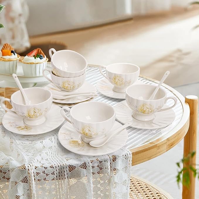 Tea Cups and Saucers Set of 6, 7 Oz Floral Tea Cups, White Porcelain Tea Cup with Saucer, British Coffee Cups Sets for Women Teas Party, Cappuccino, Latte, Microwave Safe