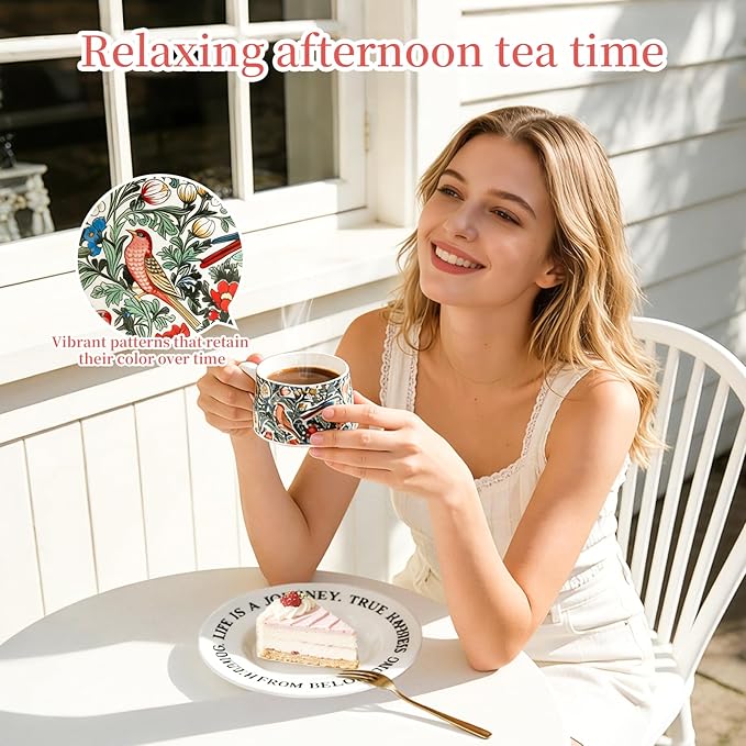 Ceramic Cup and Saucer Set, Luxurious Coffee/Tea Mug, Vintage Beautifully Printed Cups with Handle Practical Gifts for Women Housewarming/Birthday/New Year/Valentine's Day/Mother's Day, 8.8oz (White)