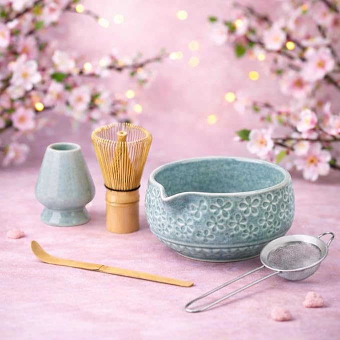 Matcha Whisk Set- Matcha Set includes Matcha Whisk and Bowl, Sifter, Holder and Scoop- The Perfect Bamboo Whisk for Matcha Tea (Blue Flowers)