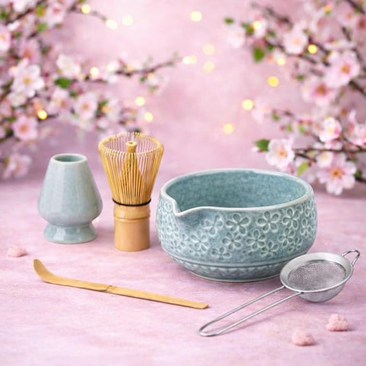 Matcha Whisk Set- Matcha Set includes Matcha Whisk and Bowl, Sifter, Holder and Scoop- The Perfect Bamboo Whisk for Matcha Tea (Blue Flowers)