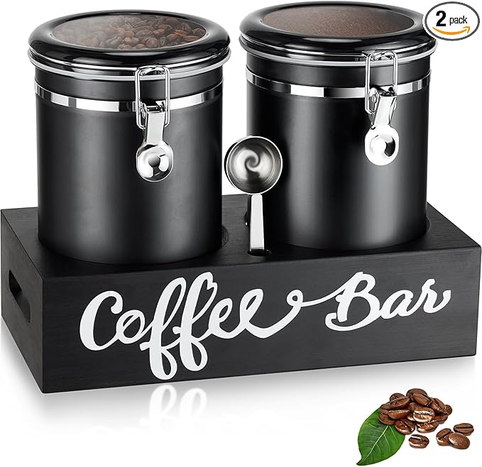 Yangbaga 2 x 63OZ Stainless Steel Coffee Canisters with Handle Shelf, Airtight Locking Clamp & Scoop, Food Storage Jars for Kitchen