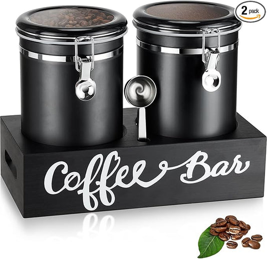 Yangbaga 2 x 63OZ Stainless Steel Coffee Canisters with Handle Shelf, Airtight Locking Clamp & Scoop, Food Storage Jars for Kitchen