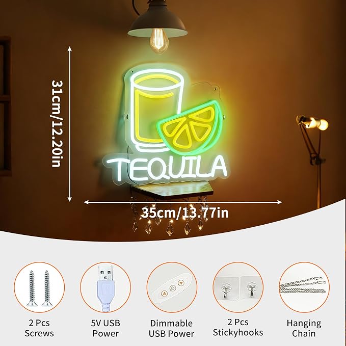 Tequila LED Neon Sign, Tequila Cup and Lemon Slice Shaped Neon Light, USB Powered Decorative Light for Bar Party Home Living Room Drink Theme Wall Table Decor, 13.8 x 12.2 In - Image 3