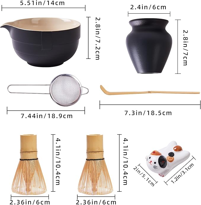 Matcha Whisk Set, Matcha Set Includes 2X Matcha Whisk, Matcha Bowl and Chasen Holder, Bamboo Scoop, Scoop Rest, Sifter - 7 Pcs Matcha Kit for Tea Ceremony, Gift for Matcha Lover (Black)