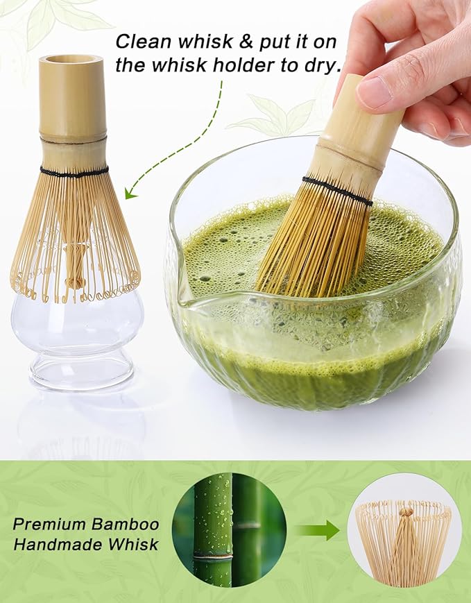 Matcha Whisk Set, 7 Pcs, Matcha Kit Includes Matcha Bowl, Matcha Whisk and Holder, Bamboo Scoop, Spoon, Sifter and Tea Towel, Matcha Set, Gift for Matcha Lovers & Beginners (Transparent Color)