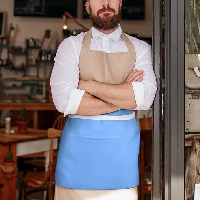 Server Aprons - Waterproof Quick Drying Half Waist Aprons for Women with 3 Pockets, Light-Blue Print Cooking Apron for Bartender Work Hairstylist Baking Barista Nail 11.8 Inch - Image 6