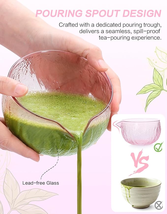 Matcha Whisk Set, 7 Pcs, Matcha Kit Includes Matcha Bowl, Matcha Whisk and Holder, Bamboo Scoop, Spoon, Sifter and Tea Towel, Matcha Set, Gift for Matcha Lovers & Beginners (Glass Pink)