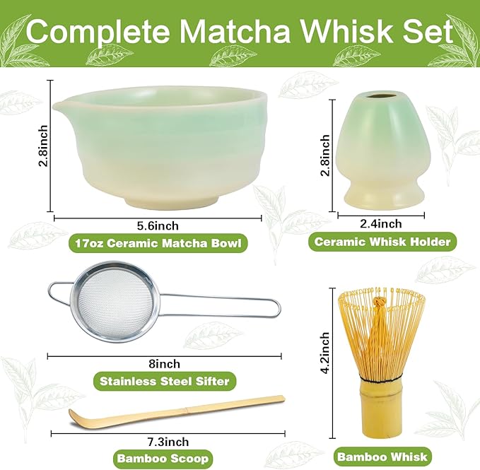 Matcha Whisk Set, Japanese Tea Set Includes Matcha Bowl with Spout, Bamboo Whisk, Ceramic Chasen Holder, Scoop, Sifter, 5 pcs Traditional Tea Making Kit for Matcha Lovers Christmas Gifts for Women Men