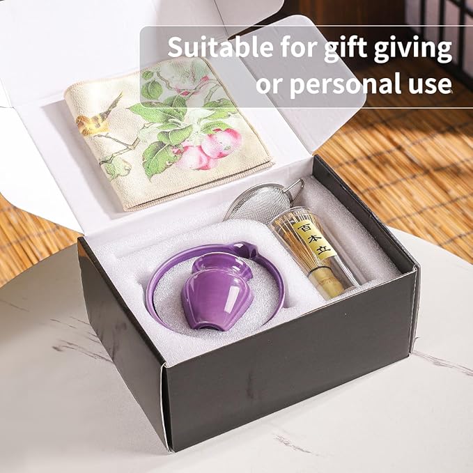 Matcha Set, 8-Piece Ceramic Matcha Bowl & Whisk Kit with Mushroom Pattern, Traditional Japanese Chawan, Bamboo Chasen, Scoop & Sifter, Gift for Tea Lovers, Zen Tea Ceremony Accessories (Purple;)
