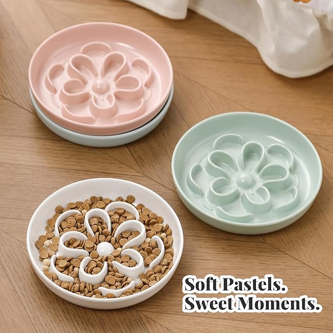 Slow Feeder Cat Bowl Combo - Melamine Maze Dish in 2 Styles (Single Bowl & with Bamboo Stand) - Whisker Friendly, Elevated & Shallow Design - White