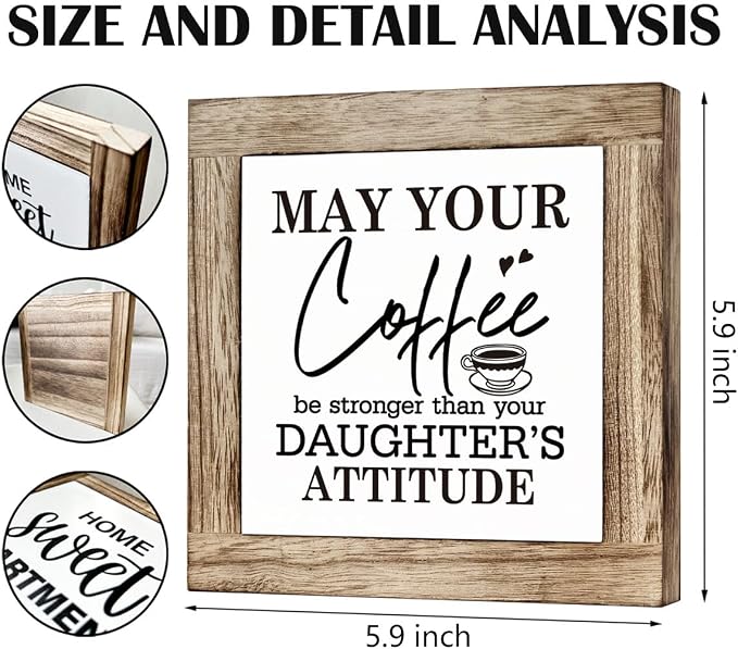 Coffee Sign, Coffee Decor Set, Wooden Box Signs for Home Decor, Farmhouse Coffee Home Decor, Coffee Lover Gift for Him Her Couple, May Your Coffee Be Stronger Than Your Daughter's Attitude Sign - Image 2