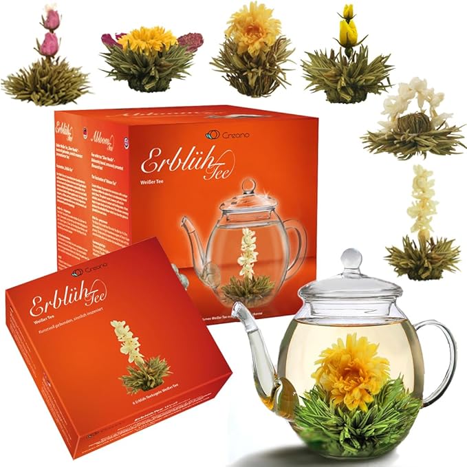 Creano Flowering Tea Gift Set - White Tea – 6 Blooming Tea with 17oz Glass Teapot