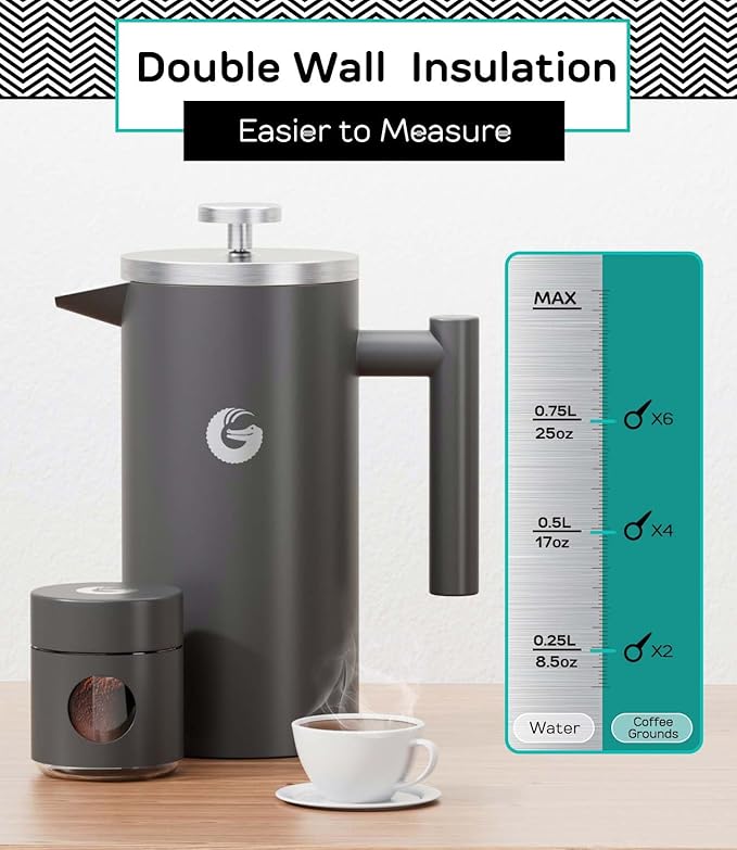 Coffee Gator 304 Grade Stainless Steel French Press Coffee Maker 34 oz, Double Wall Insulated Hot Cold Brew Teapot with 4-Level Filtration System, Include Travel Jar Canister, Rust-Free, Kitchen, Gray