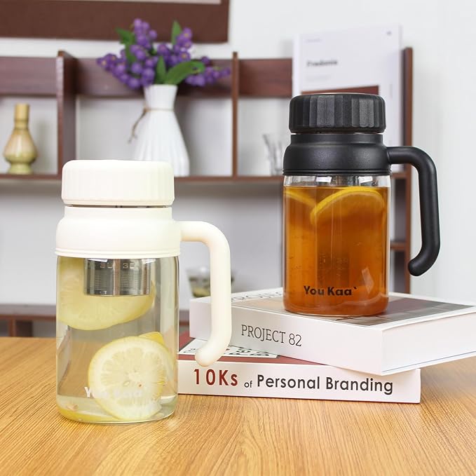 32oz Glass Water Bottle, Tea Bottle with Infuser & Handle, BPA-Free Leakproof Wide Mouth Large Tea Infuser cup for Hot or Cold Drinks, Loose, Fruit (Black)
