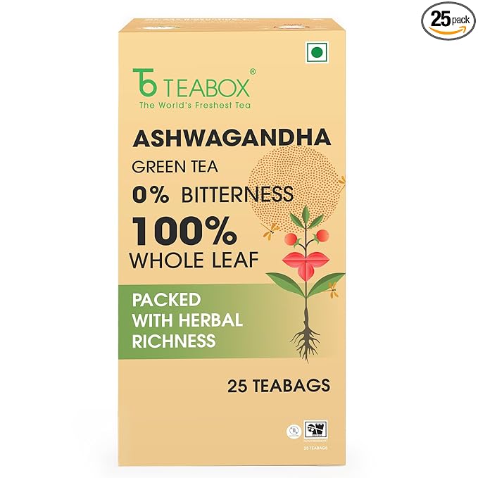 Teabox Ashwagandha Green Tea 25 Teabags | Ayurvedic Blend of Premium Green Tea and Natural Ashwagandha | Silken Pyramid Teabags