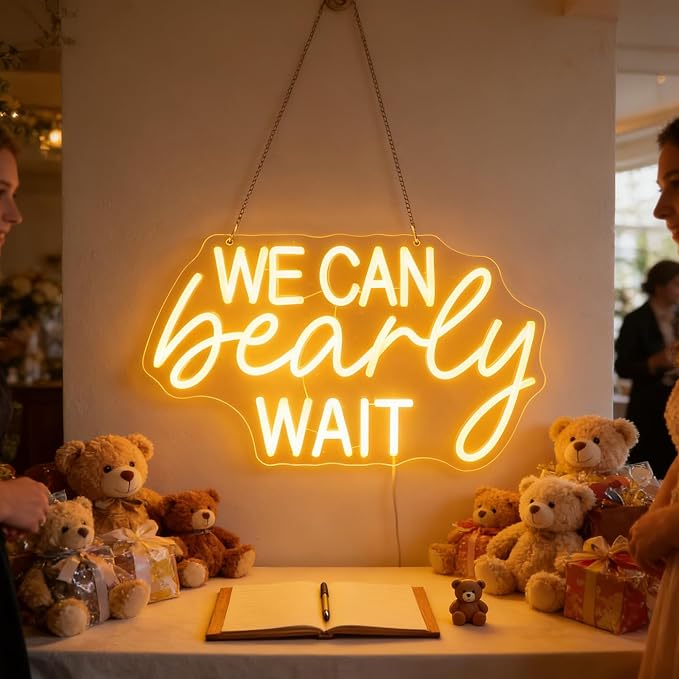 "We Can Bearly Wait" Neon Signs Led Gender Reveal Party Decorations Neon Letters Signs Pregnancy Announcement Party Supplies Baby Shower Yard Signs(warm white) - Image 3