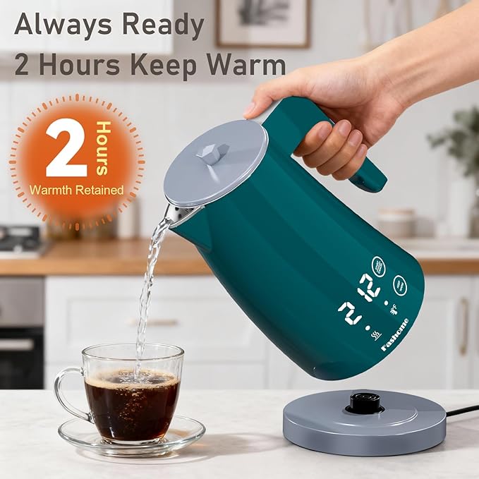 Electric Kettle with Temperature Control, 5 Preset Temps & 2H Keep Warm, 1200W Quiet Water Boiler, BPA-Free Double Wall Cool Touch, Digital Display, 360° Base - Green