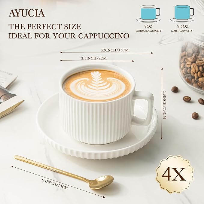 8 Ounce Cappuccino Cups Set of 4, Latte Mugs with Saucers and Spoons, White Cream Ceramic Coffee Mugs Tea Cups for Cappuccino Latte Mocha Au Lait Macchiato Cafe