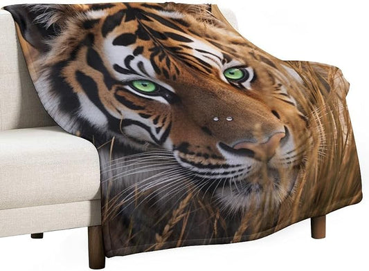 Beautiful Tiger Animal Nature Forest Super Soft Throw Blanket, Rustic Grass Brown Flannel Fleece Decorative Throw for Sofa Couch Bedroom Decor Outdoor Use 40"x50"