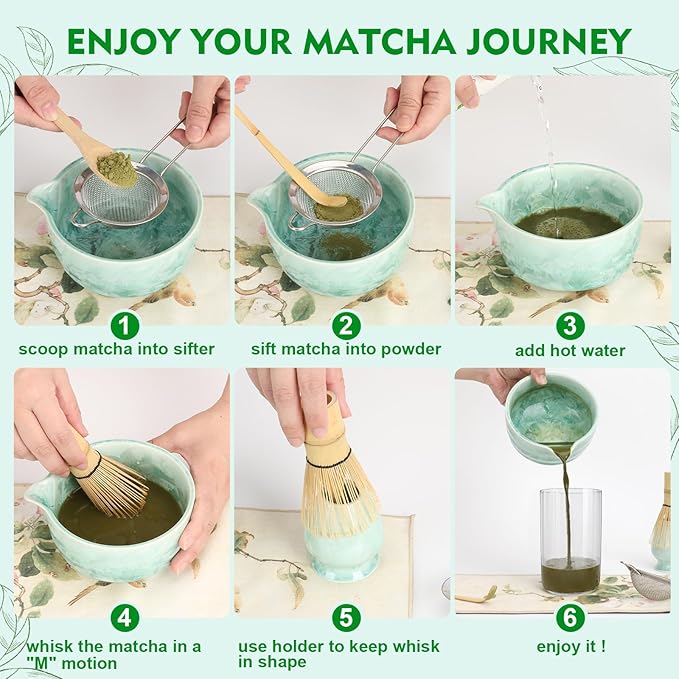 Matcha Whisk Set, Ceramics Macha Kit Includes Bowl with Spout, Matcha Whisk and Holder, Bamboo Scoop, Scoop Rest, Sifter and Tea Towel - 7 Pcs Tea Powder Shaker Kit