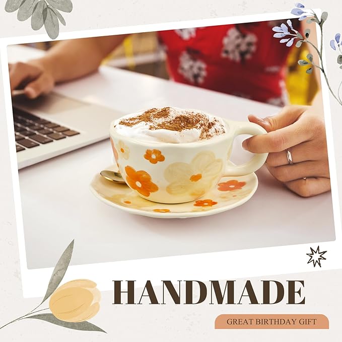 Vesici 4 Set Ceramic Flower Coffee Mug with Saucer Spoon 8.5 oz Vintage Floral Aesthetic Mugs Cute Tea Milk Cup for Women Mom Gift, Dishwasher and Microwave Safe (Mixed Styles)