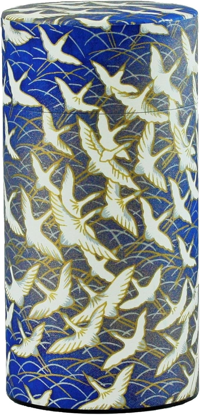 Washi Paper Tea Tin Canister: Long 7oz (200g) Flying Cranes Over The Sea (#117), Japan