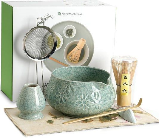 Matcha Whisk Set-7-Piece Ceramic Matcha Kit for Matcha Lovers,Includes 18 oz Matcha Bowl,Bamboo Matcha Whisk & Holder,Bamboo Scoop,Scoop Rest,Sifter,and Tea Towel(Blue)