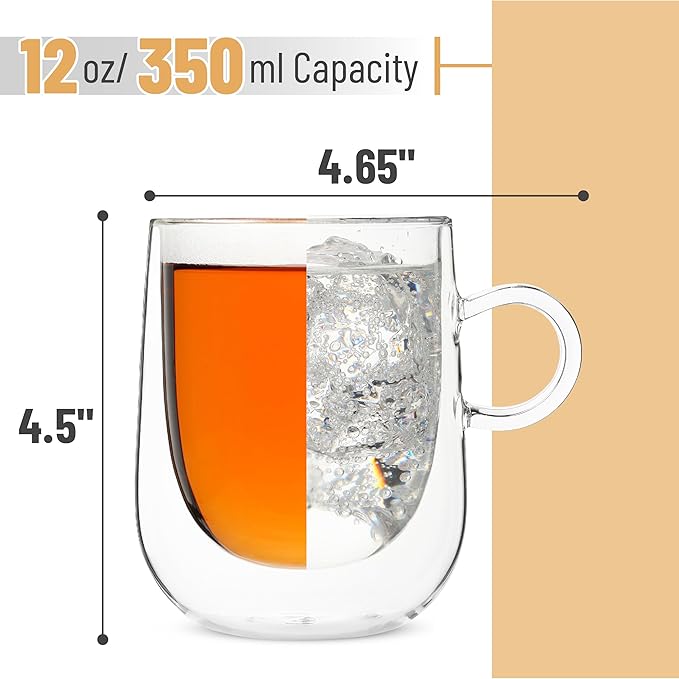 BTaT- Double Walled Glass Coffee Mugs, 12 oz, Set of 4, Glass Coffee Cups with Handle, Insulated Clear Coffee Mug for Hot and Cold Beverages, Cappuccino, Latte, Tea, Americano, Microwave Safe