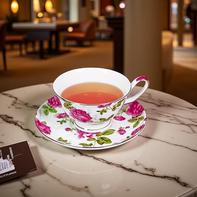 Tea cup and Saucer Set Royal Garden Style Tea Coffee Cup with Saucer 7 Ounces Bone China Teacup and saucer Set (Floral-3)