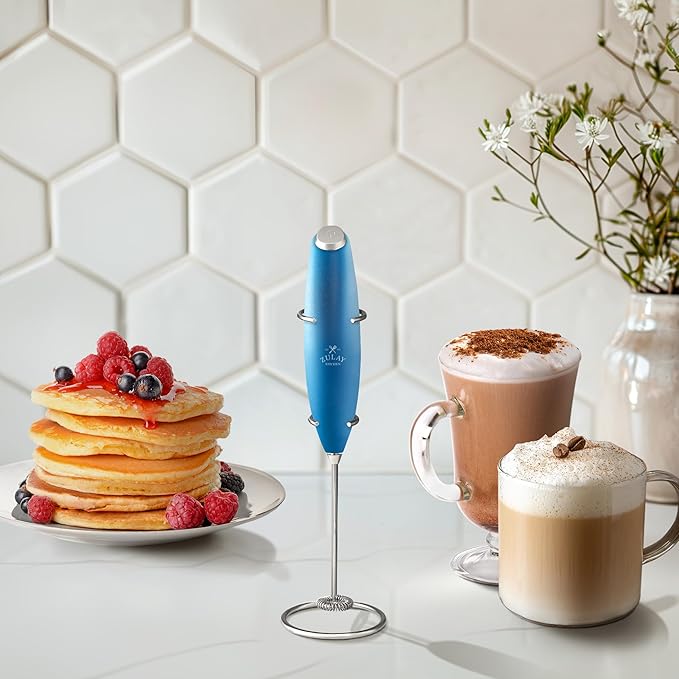 Zulay Powerful Milk Frother Handheld Foam Maker for Lattes - Whisk Drink Mixer for Coffee, Mini Foamer for Cappuccino, Frappe, Matcha, Hot Chocolate by Milk Boss (Metallic Blue)