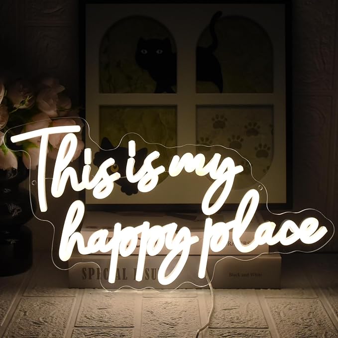 This is My Happy Place Neon Sign, Warm White Neon Lights for Wall Decor, Happy Place Signs for Wall Decor, USB Dimmable Led Light Up for Bedroom Classroom Man Cave Home Bar
