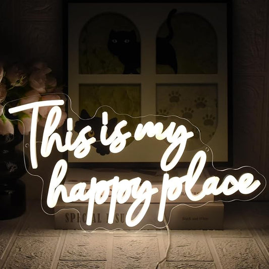 This is My Happy Place Neon Sign, Warm White Neon Lights for Wall Decor, Happy Place Signs for Wall Decor, USB Dimmable Led Light Up for Bedroom Classroom Man Cave Home Bar