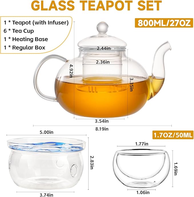 Glass Teapot Set, 27OZ/800ML Stovetop Safe Glass Tea Kettle with 6 Small Double Wall Tea Cups & Loose Tea Infuser & Tea Warmer, Microwave & Dishwasher Safe Tea Maker, Blooming Tea Gift Set