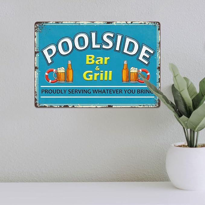 Poolside Bar and Grill Sign Decor Swimming Pool Decorations Outdoor Durable Metal Signs Plaque for Beach Home Bar Pool Deck Backyard Fence Walls 12X8 Inch Aluminium Hanging Plaque - Image 5