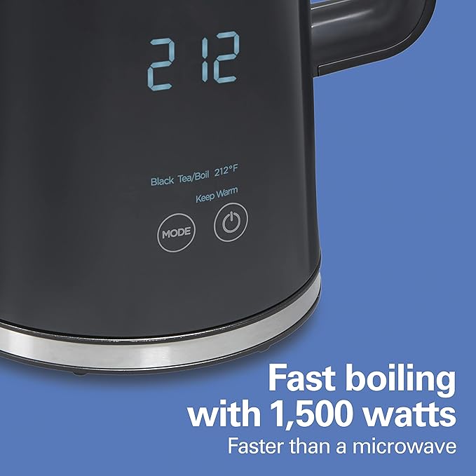 Hamilton Beach Digital Temperature Control Electric Tea Kettle, Hot Water Boiler & Heater 1.7L, 5 Preset Modes + Keep Warm, Fast Boil 1500 Watts, BPA Free, Cool-Touch Exterior, Black (41033)
