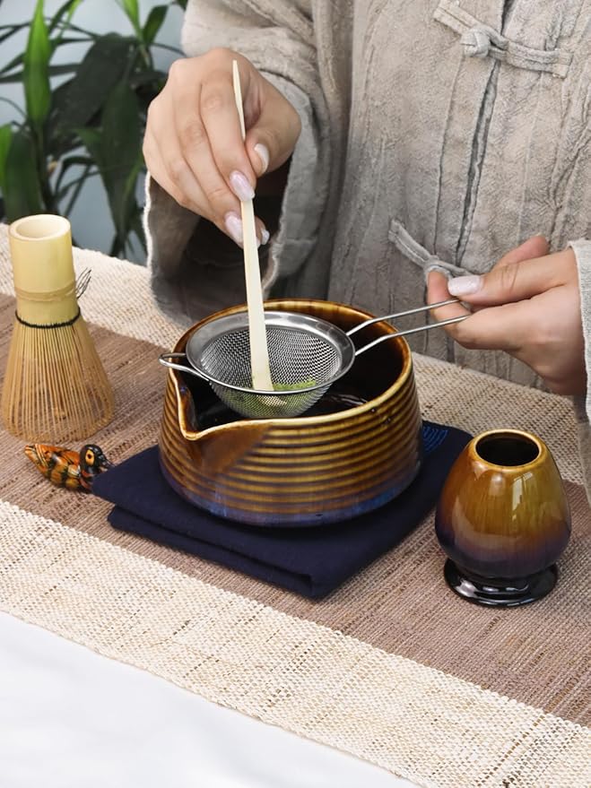 Artcome Matcha Tea Set – Japanese Matcha Kit with Bamboo Whisk, Pouring Spout Bowl, Scoop, Sifter, Holder & Manual – Ceramic & Bamboo Traditional Tea Ceremony Tools