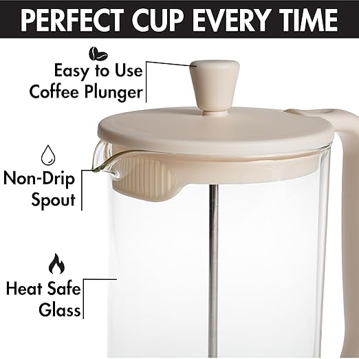 Primula French Press Coffee Maker, Heat Resistant Borosilicate Glass with Stainless Steel Filters, 8 Cup, 34 oz, Cream