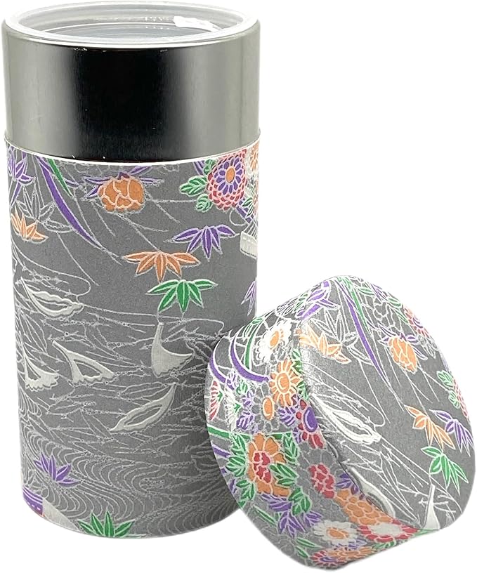 Japanese Tea Canister Tin Waterside Flowers Silver Color/Double Lid/Japanese Washi Paper Pasted /200g Tea Capacity/Loose Leaf Tea Storage/Storage Container with Lid