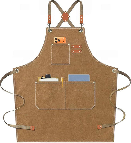 AFUN Chef Aprons for Men Women with Oversized Pockets, 16-Ounce Cotton Canvas Cross Back Heavy Duty Work Apron (Brown)
